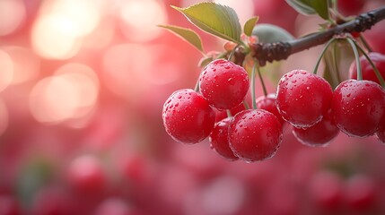 Closeup red cherries on branch