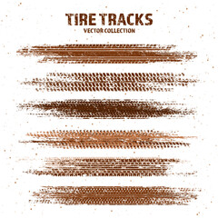 Grunge tire tracks with mud splatters, dirty wheel braking marks. Truck, car, or motorcycle tread pattern silhouettes. Perfect for off-road, motorsport, and racing designs. Vector illustration