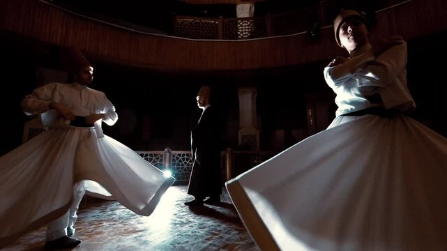 Backlit Mevlevi Semazen in Spiritual Dance Performance