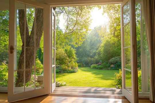 Fototapeta Open patio door overlooks garden with green lawn. Sunlight filters trees, creating peaceful scene. Home interior transitions outdoor nature, connects living space garden. Serene backyard view from 