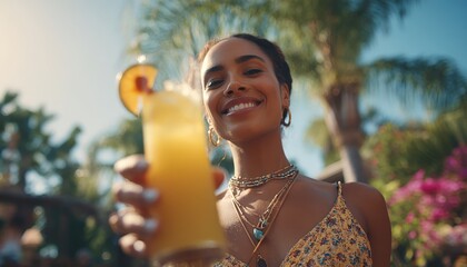 Smiling woman holds up cocktail, sunny day, tropical backdrop