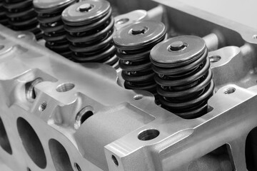 disassembled silver car engine auto service concept background.