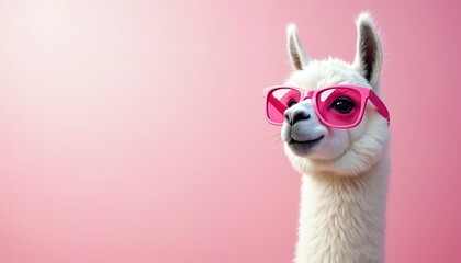 Fashionable llama wearing pink sunglasses against pastel pink background. Fun animal portrait. Trendy look, stylish accessory, cute, playful character with vibrant expression. Cheerful, joyful,