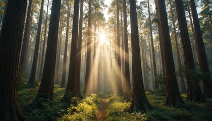 Fototapeta premium Sunlight breaks through dense forest trees, creating beam of light. Forest path leads through woods. Nature landscape with high trees, green grass, sunlight. Concept of ecology, travel, tourism,