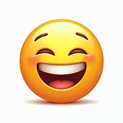 Smiling emoji face with cheerful expression on white background. Happy emoticon, positive mood, joyful feeling, good emotions. Modern design, social media, digital communication, online chat, fun.
