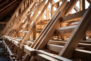 Close up view of prefabricated wooden roof trusses, showcasing the craftsmanship and structural integrity of new home construction framing