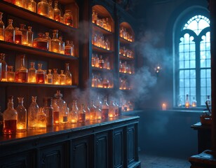 Mystical apothecary glows with potion bottles. Enchanting ambiance with potions on shelves. Magic, alchemy, fantasy theme with vintage decor, ornate window, night scene, orange, blue lights, steam