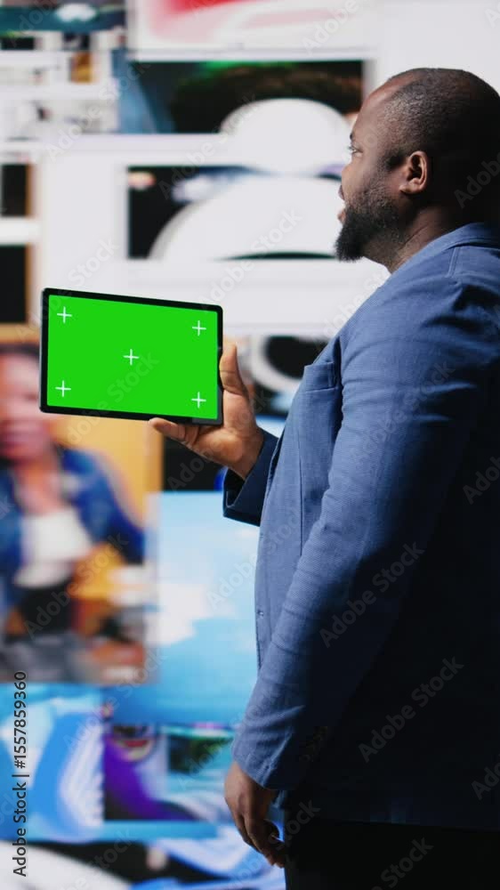 Poster vertical video social media environment with a person using copy space device, surrounded by tech vi