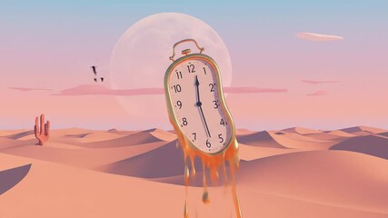 A surreal desert scene with a melting golden clock dominating the landscape under a large moon - Powered by Adobe