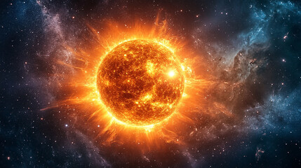 A vibrant celestial sun blazing with intense fiery energy, radiating powerful solar flares and glowing plasma against a stark, dark cosmic background. The image captures the raw, dynamic power of a st