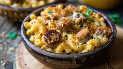 A rustic bowl of cheesy macaroni topped with parmesan.