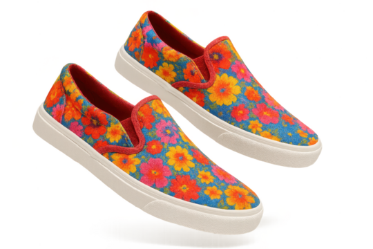 Colorful floral slip-on sneakers isolated on transparent background, casual footwear
