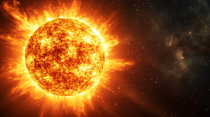 A vibrant celestial sun blazing with intense fiery energy, radiating powerful solar flares and glowing plasma against a stark, dark cosmic background. The image captures the raw, dynamic power of a st