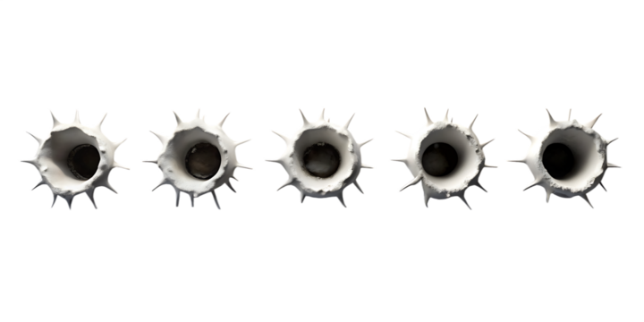 Five realistic white bullet holes with jagged edges on a black background isolated on a transparent background