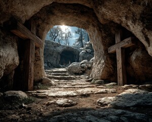 Stone cave entrance with crosses, path leading to light