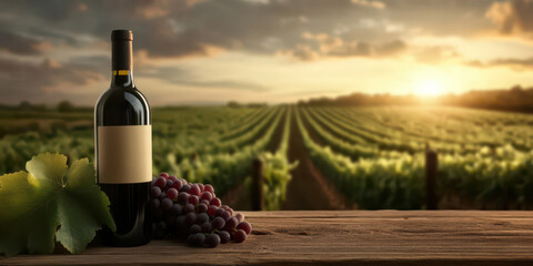 Fototapeta premium A vineyard at sunset with grapevines stretching into the horizon, wine bottle in the foreground