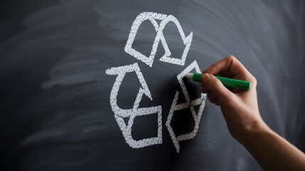 Hand drawing white recycling symbol on blackboard with green marker image