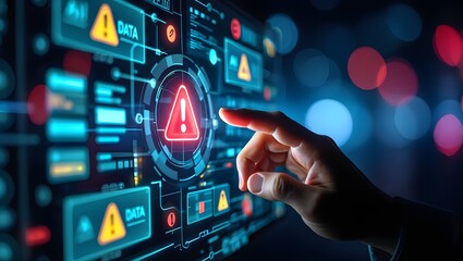 System warning alert on virtual interface with hand interaction. Concept of cybersecurity risk, data breach, malware, hacking, IT failure, and digital system vulnerability in modern technology.