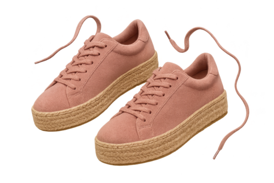 Pair of stylish pink sneakers with platform sole isolated on transparent background