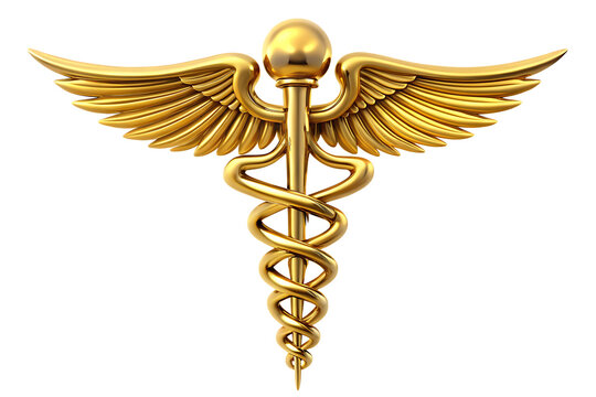 Golden caduceus medical symbol with wings and snake on black background isolated on a transparent background