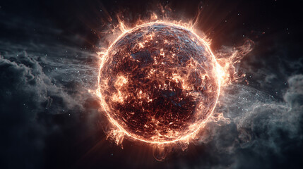 A vibrant celestial sun blazing with intense fiery energy, radiating powerful solar flares and glowing plasma against a stark, dark cosmic background. The image captures the raw, dynamic power of a st