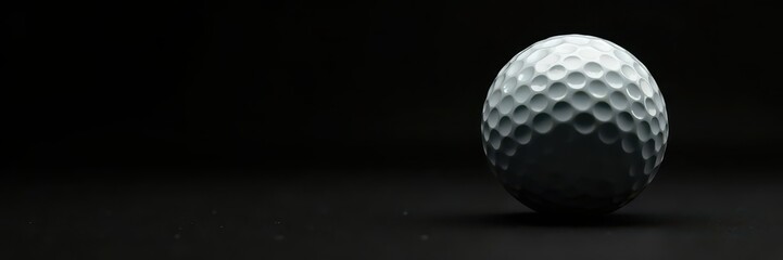 A dimpled golf ball rests on a stark black background , professional, competition, equipment
