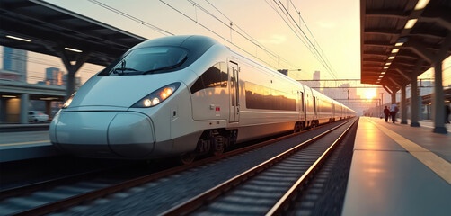 Fototapeta premium High-speed train moves along railway at the station. Passenger locomotive in motion against city backdrop. Travel by modern high-speed rail transport. Urban commute. Transportation technology.
