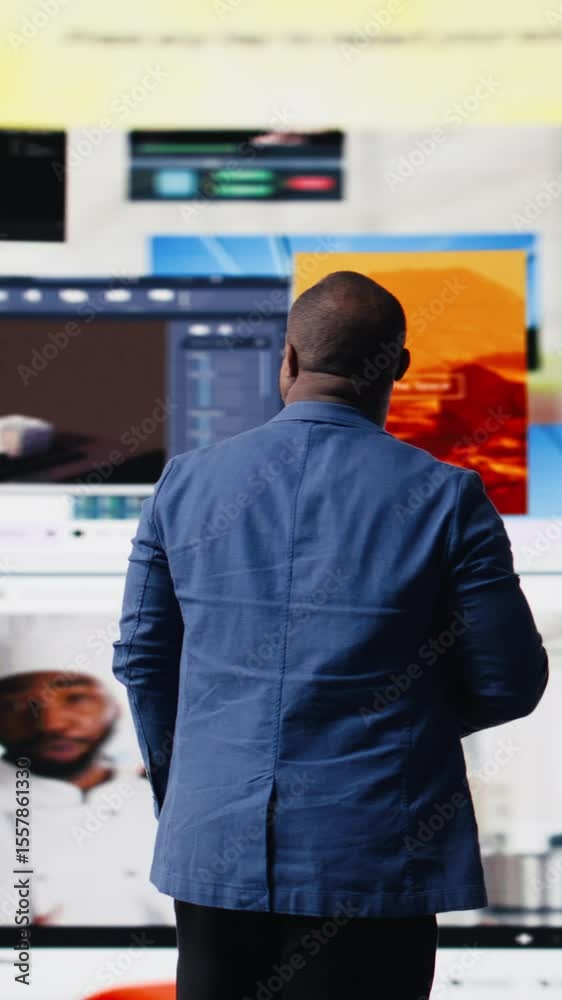 Poster vertical video smiling user navigating through online content and mobile apps, surrounded by visual 