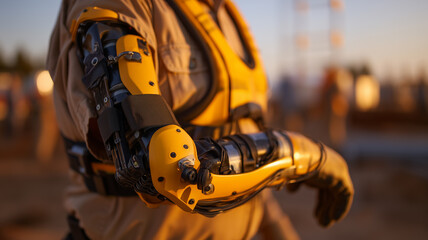 Industrial Exosuit Efficiency – Yellow Powered Arm Amplifies Worker Strength on Construction Site

