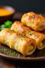 Crispy egg rolls wrapped around golden brown and crunchy exterior, Asian food,