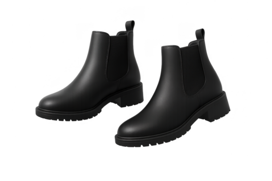 Pair of stylish black Chelsea boots isolated on a transparent background, cut-out
