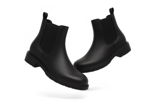 Elegant black leather Chelsea boots isolated on transparent background, modern