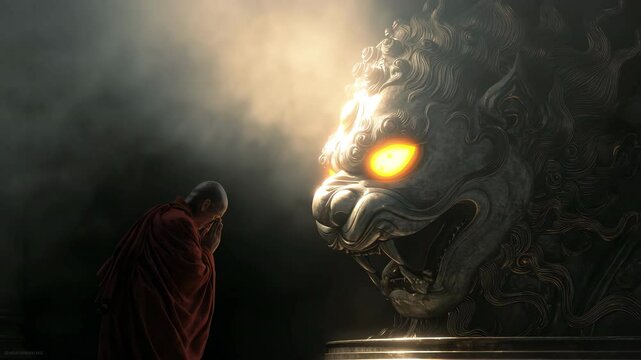 A serene monk confronts a fierce lion statue, embodying the struggle between peace and wrath. The atmosphere is mystical, evoking themes from Buddhist teachings on overcoming anger.