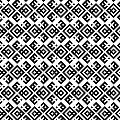 black and white seamless pattern, geometric pattern, repeating motif of blocky, interconnected shapes, squares, diamond staggered, offset grid, pixelated or step-like, modern, digital, retro aesthetic