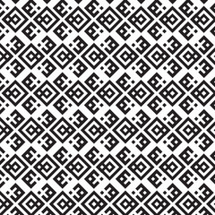 black and white seamless pattern, geometric pattern, repeating motif of blocky, interconnected shapes, squares, diamond staggered, offset grid, pixelated or step-like, modern, digital, retro aesthetic