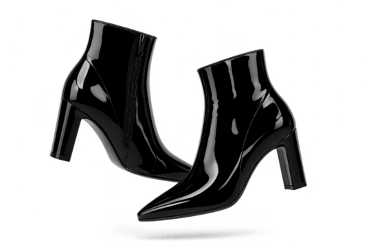 Pair of black patent leather ankle boots isolated on a transparent background.