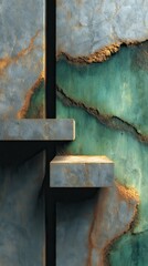 Textured abstract with steps and marbled green/gold backdrop