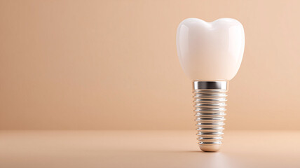 Elegant steel-based artificial tooth model with clean enamel finish centered neatly on calming beige promotional backdrop