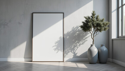 Poster Frame Mockup with Blank Canvas and Modern Indoor Plant

