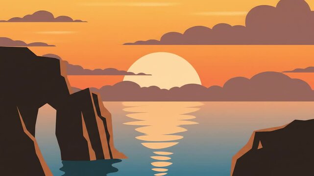 Sunset scene with rocky cliffs framing water reflecting a sun hidden behind clouds