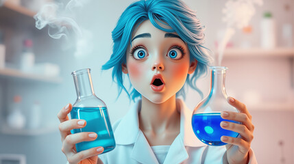 Young Female Scientist with Blue Hair Holding Chemistry Lab Equipment Showing Surprised Expression in Laboratory Setting