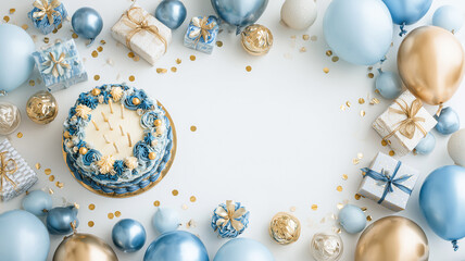 Beautifully lit birthday party with blue-and-gold cake, matching balloons, and gifts on bright white background