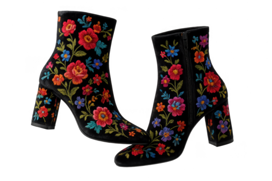 Elegant embroidered velvet boots isolated on transparent background, fashion
