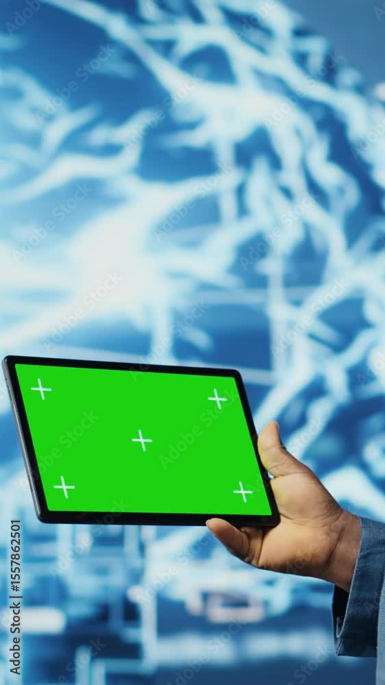 Poster vertical video modern black person in digital space uses isolated display with ai tools, representin