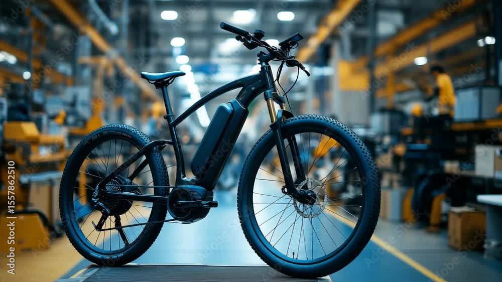 Poster in a bustling factory, skilled workers assemble sleek electric bicycles with precision. the camera m