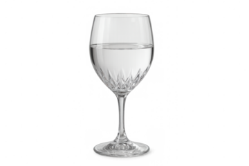 Elegant crystal wine glass partially filled with water, isolated on a transparent background, ready for customization