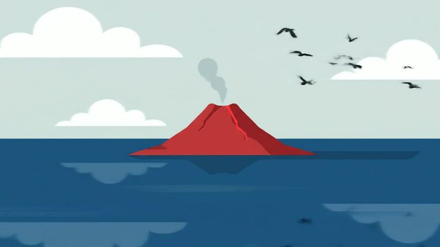 A cartoon volcano island emitting smoke sits in a stylized blue sea under white clouds and a light blue sky with birds visible