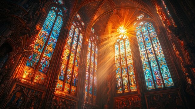 sunlight pours through stained glass windows in majestic catholic cathedral, casting vibrant reflections on stone floor, enhancing serene and reverent atmosphere