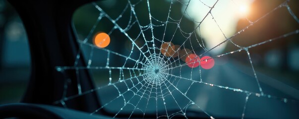 Cracked and shattered car windshield glass showing spiderweb fracture , automotive, safety hazard, windscreen