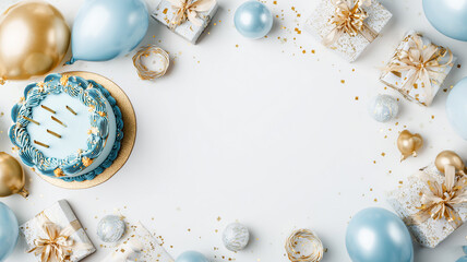 Elegant blue-gold birthday cake with metallic decor and festive setup, isolated on a clean white backdrop